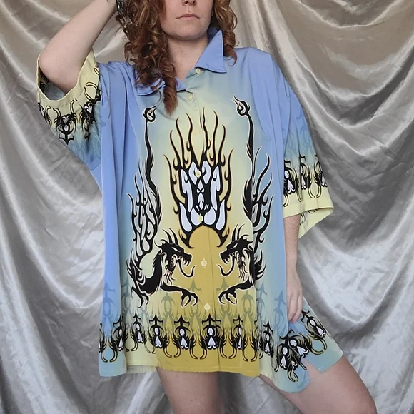 NWOT y2k Dragon Fire & Flames Hawaiian Shirt - Picture 1 of 11